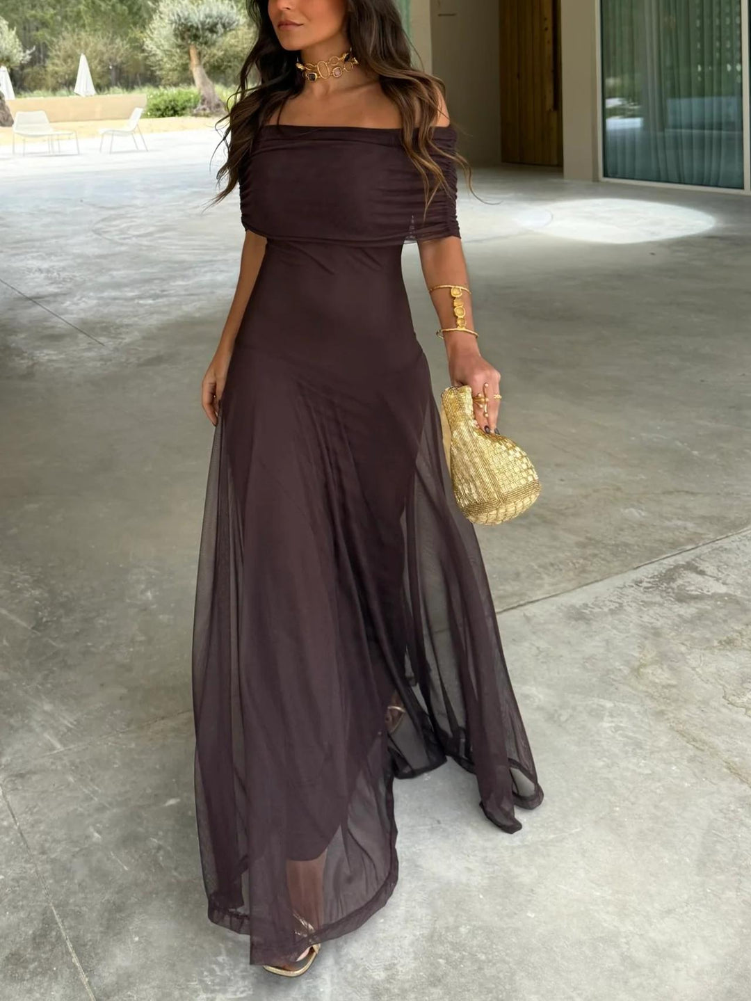 Vestido Maxi de Chiffon sin Hombros