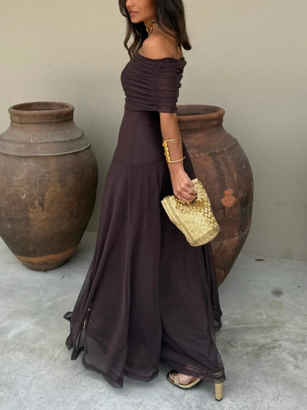 Vestido Maxi de Chiffon sin Hombros