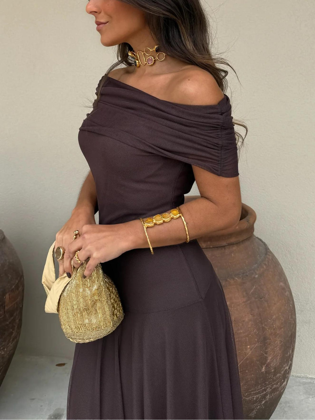 Vestido Maxi de Chiffon sin Hombros