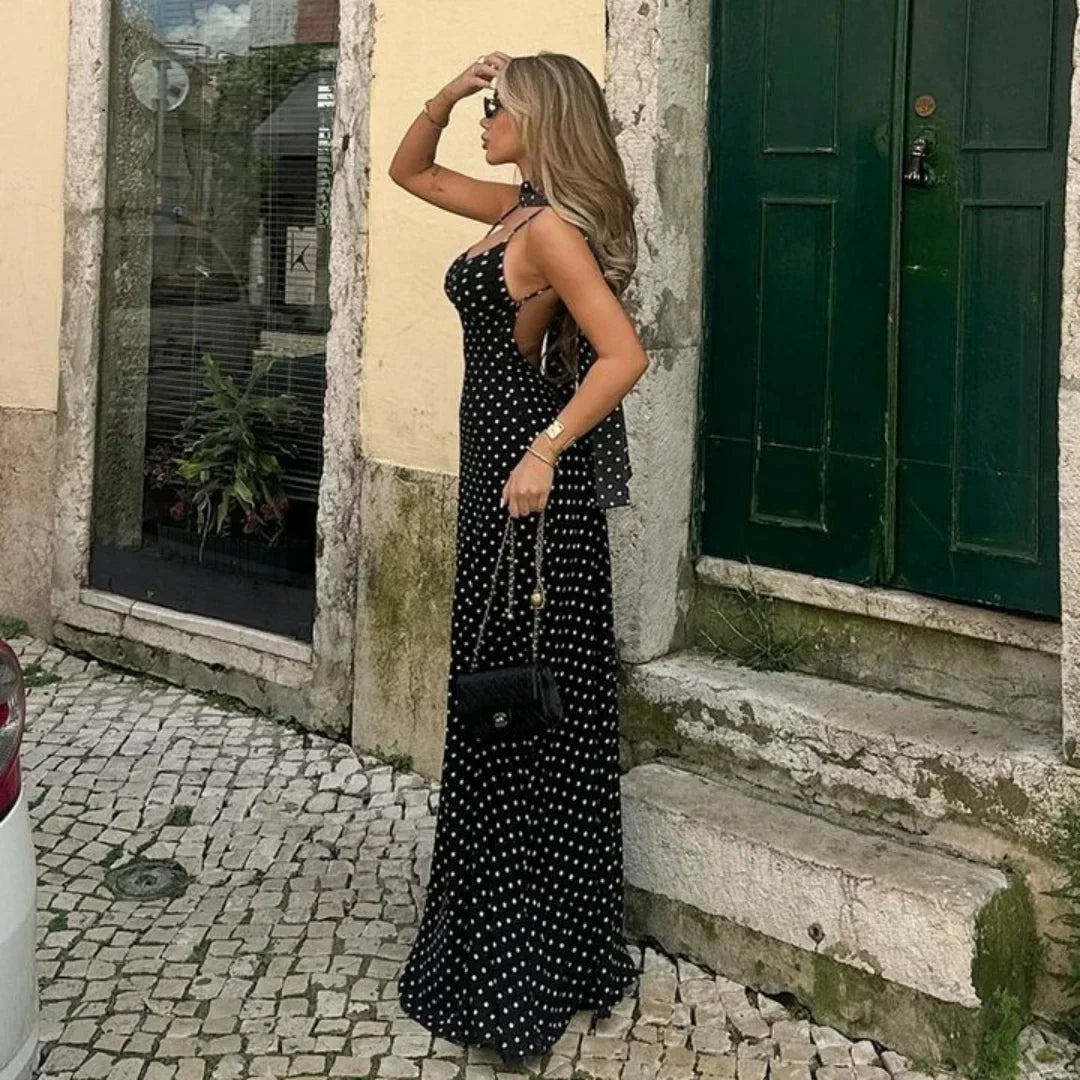 Vestido Maxi de Lunares Vintage con Escote en V