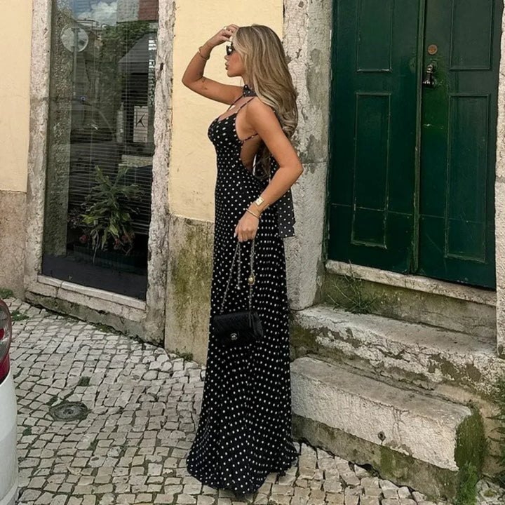 Vestido Maxi de Lunares Vintage con Escote en V