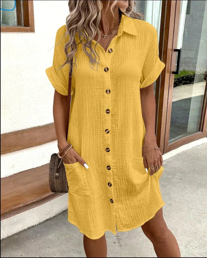 Vestido camisero de manga corta con botones y bolsillos delanteros para mujer