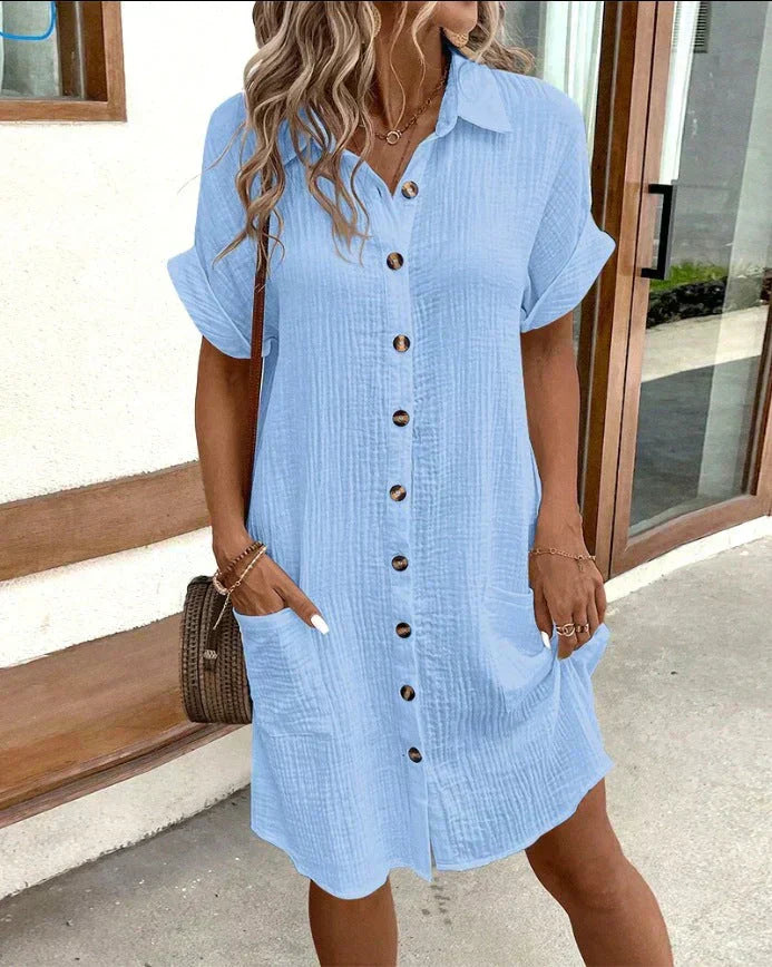 Vestido camisero de manga corta con botones y bolsillos delanteros para mujer