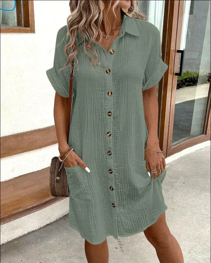 Vestido camisero de manga corta con botones y bolsillos delanteros para mujer