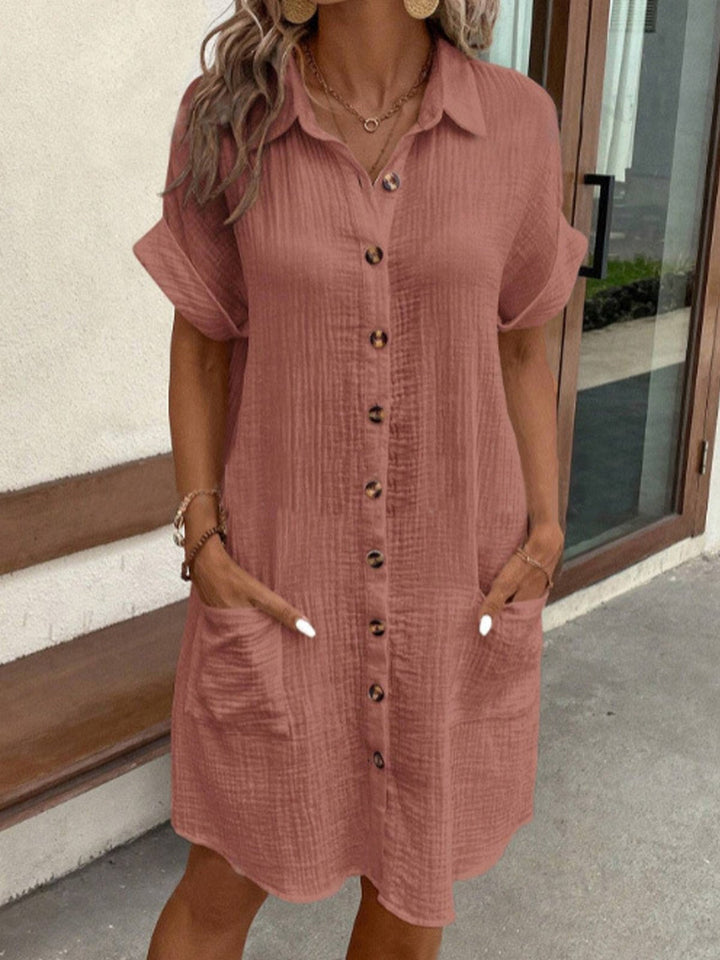 Vestido camisero de manga corta con botones y bolsillos delanteros para mujer