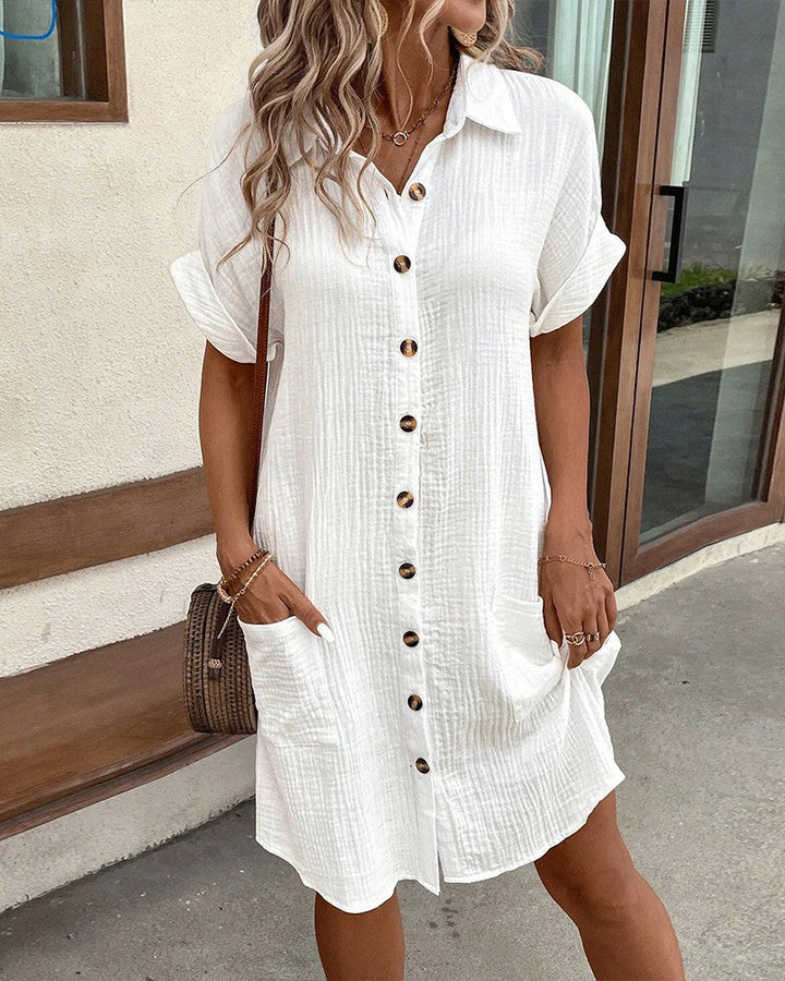 Vestido camisero de manga corta con botones y bolsillos delanteros para mujer