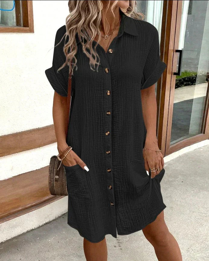 Vestido camisero de manga corta con botones y bolsillos delanteros para mujer