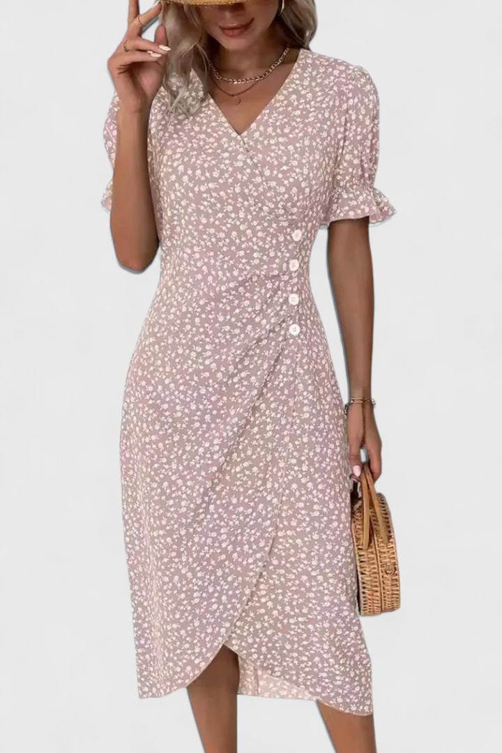 Joana Vestido Midi Floral con Escote en V y Mangas Cortas