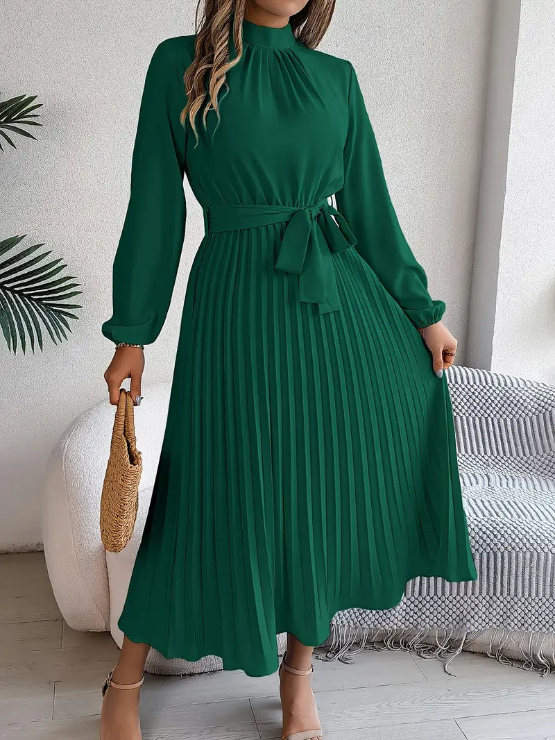 Elegante Vestido Midi de Invitada de Boda Plisado con Cintura Ceñida