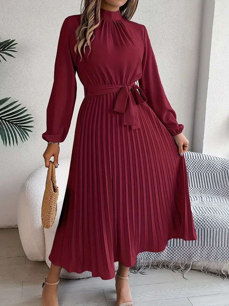 Elegante Vestido Midi de Invitada de Boda Plisado con Cintura Ceñida