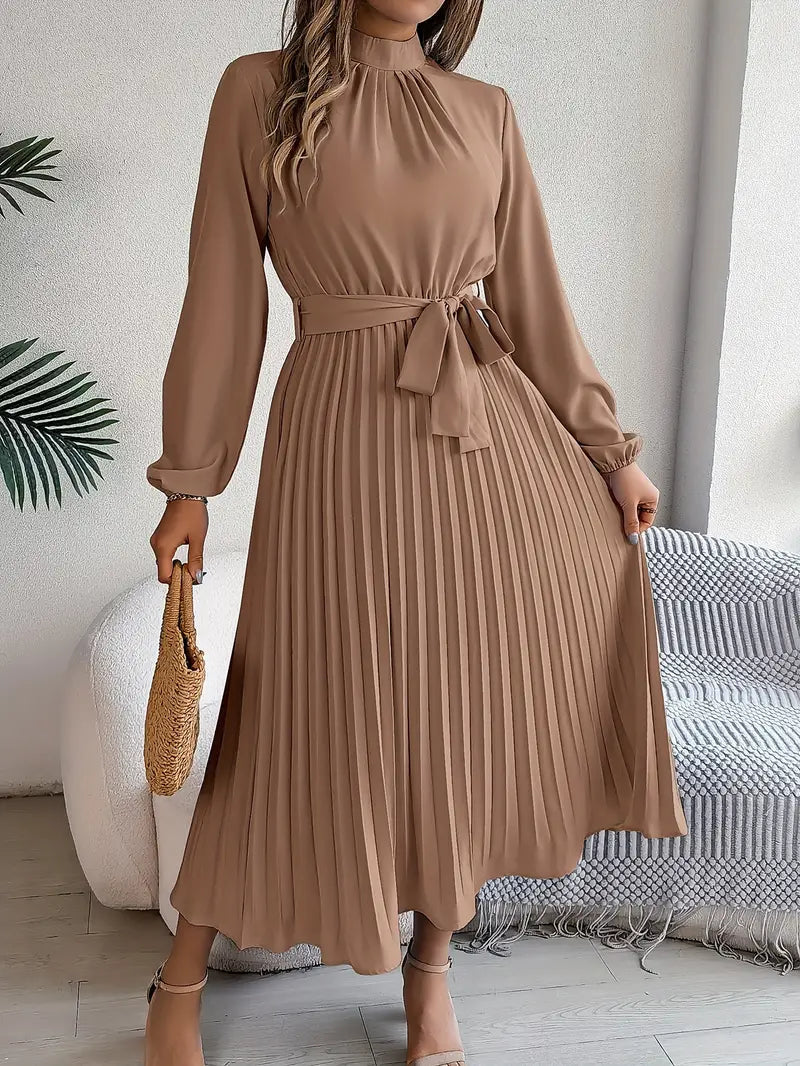 Elegante Vestido Midi de Invitada de Boda Plisado con Cintura Ceñida