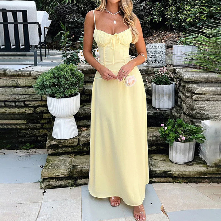 Vestido Maxi de Invitada de Boda Sin Mangas y con Cuerpo Fruncido