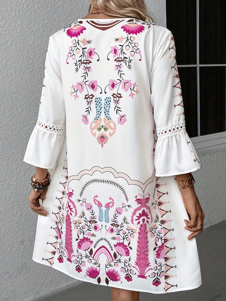Vestido mini bohemio bordado para mujer con mangas 3/4 y escote en V