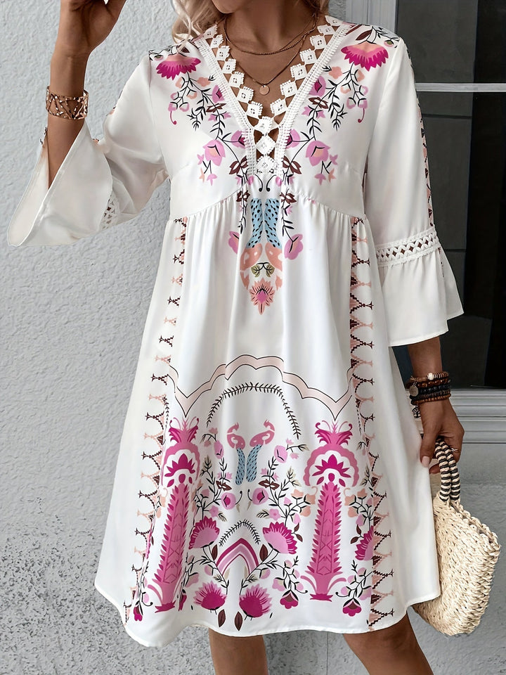 Vestido mini bohemio bordado para mujer con mangas 3/4 y escote en V