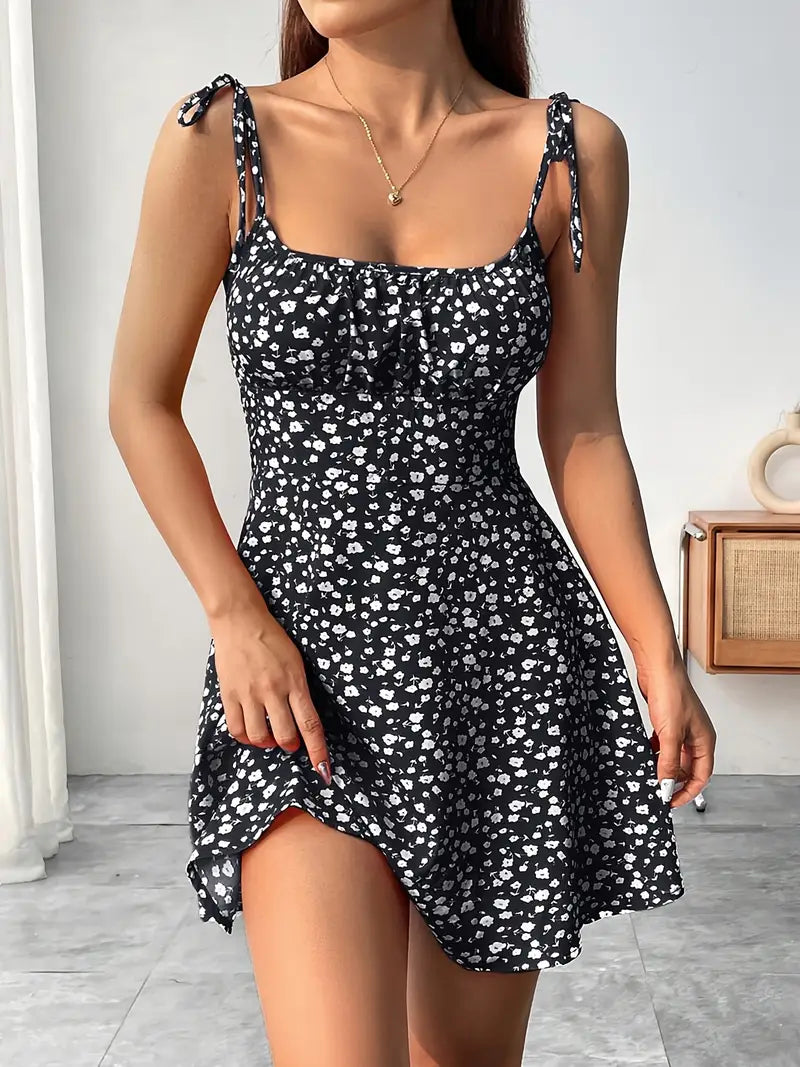Vestido mini de mujer con estampado floral y tirantes anudados