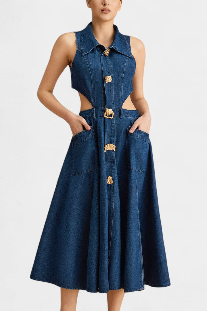 Alia Vestido de Mezclilla sin Mangas con Corte Moderno