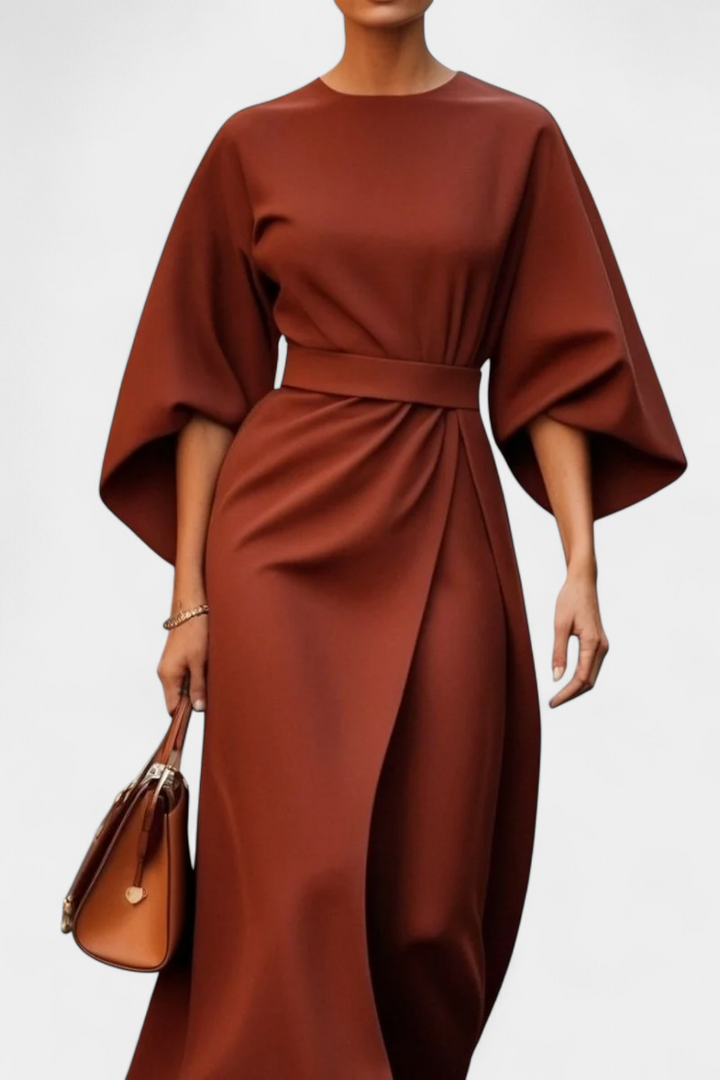 Micaela Vestido Midi con Mangas Lantern y Cintura Ceñida