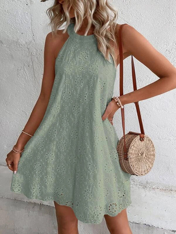 Vestido corto sin mangas de corte A para mujer con diseño floral de ojales