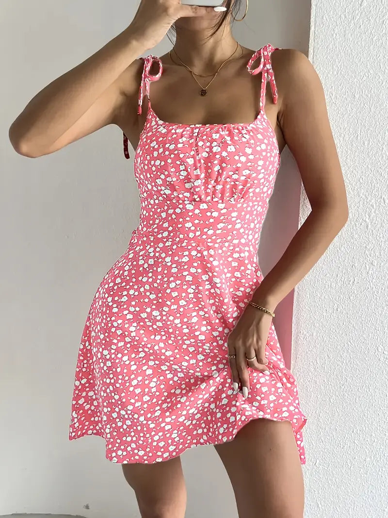 Vestido mini de mujer con estampado floral y tirantes anudados