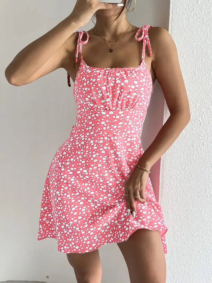 Vestido mini de mujer con estampado floral y tirantes anudados