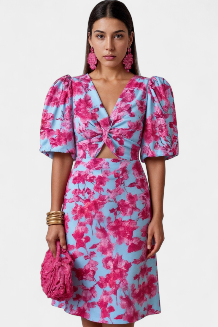 Wibia Vestido Estampado con Fruncido Central y Mangas Volumen