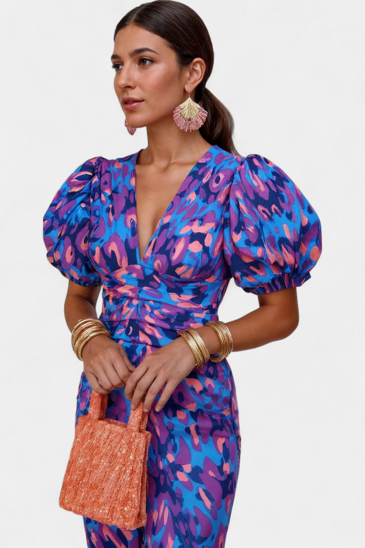 Wibia Vestido Estampado con Fruncido Central y Mangas Volumen