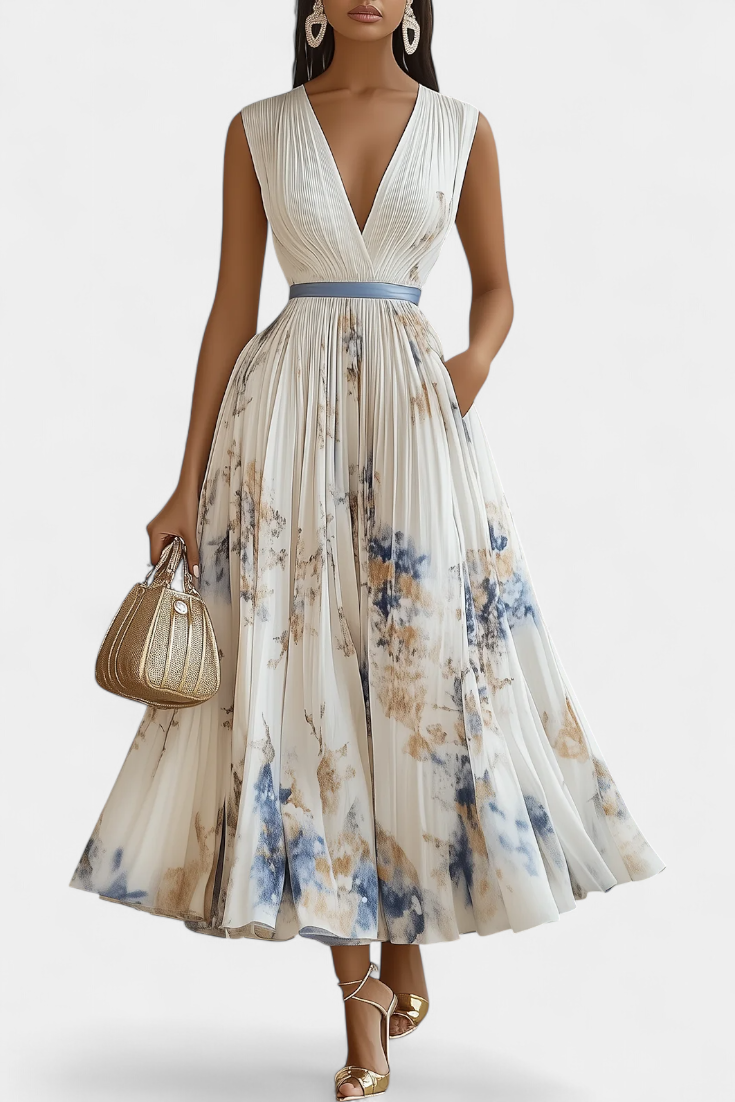 Elise Vestido Midi Sin Mangas con Estampado Floral y Plisado