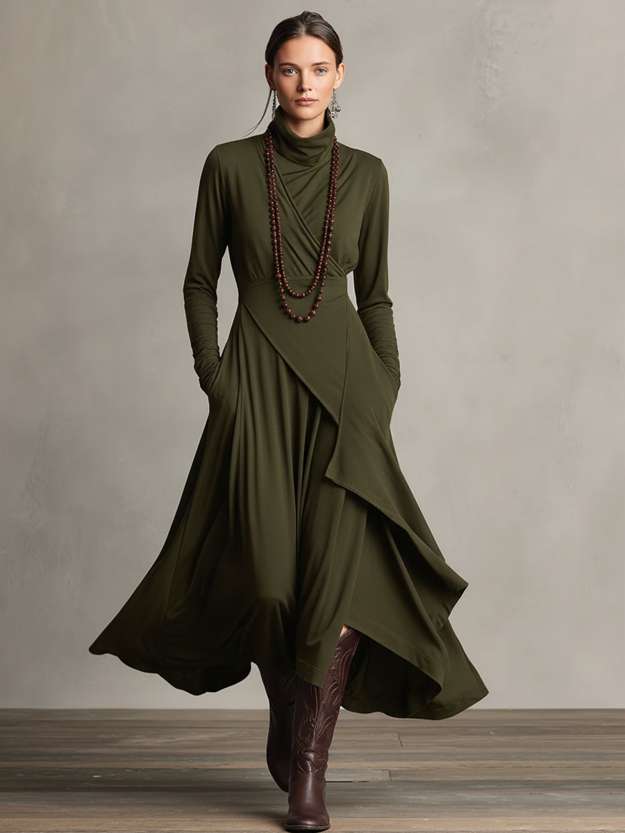 Natalia Maxivestido Asimétrico de Punto con Cuello Alto