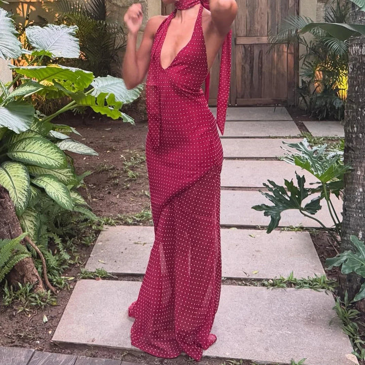Vestido Maxi de Malla con Detalle de Superposición Transparente de Cuello Halter