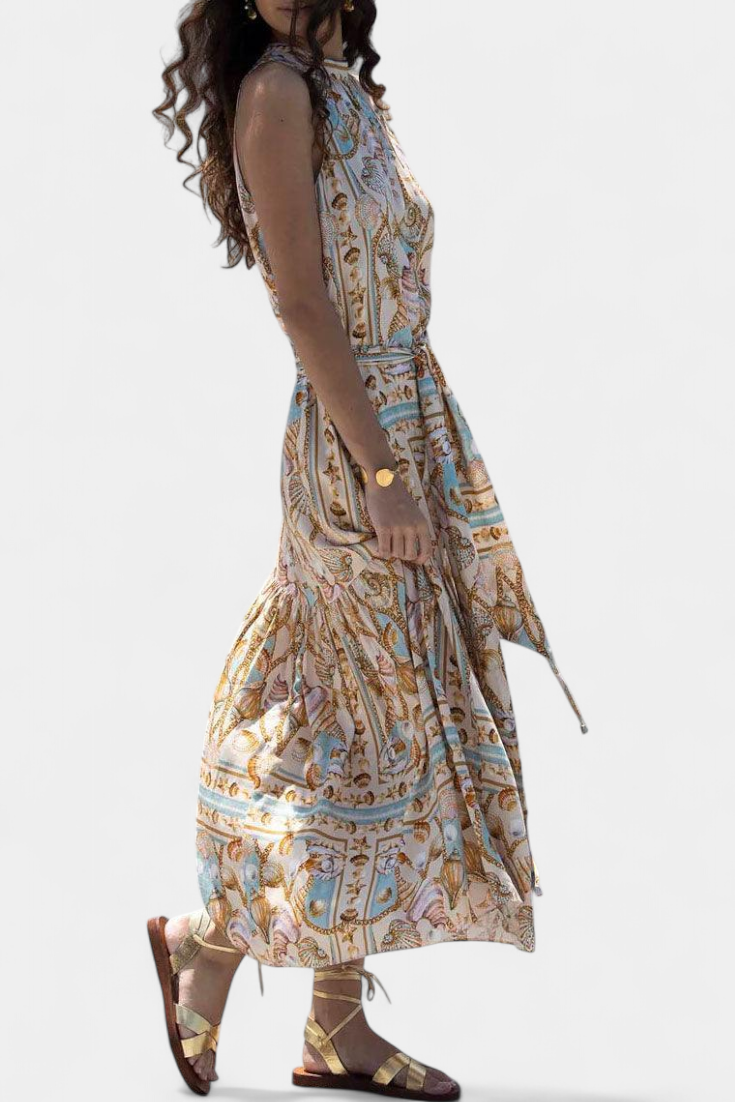 Teófila Vestido Largo Silky con Estampado de Tesoros del Océano