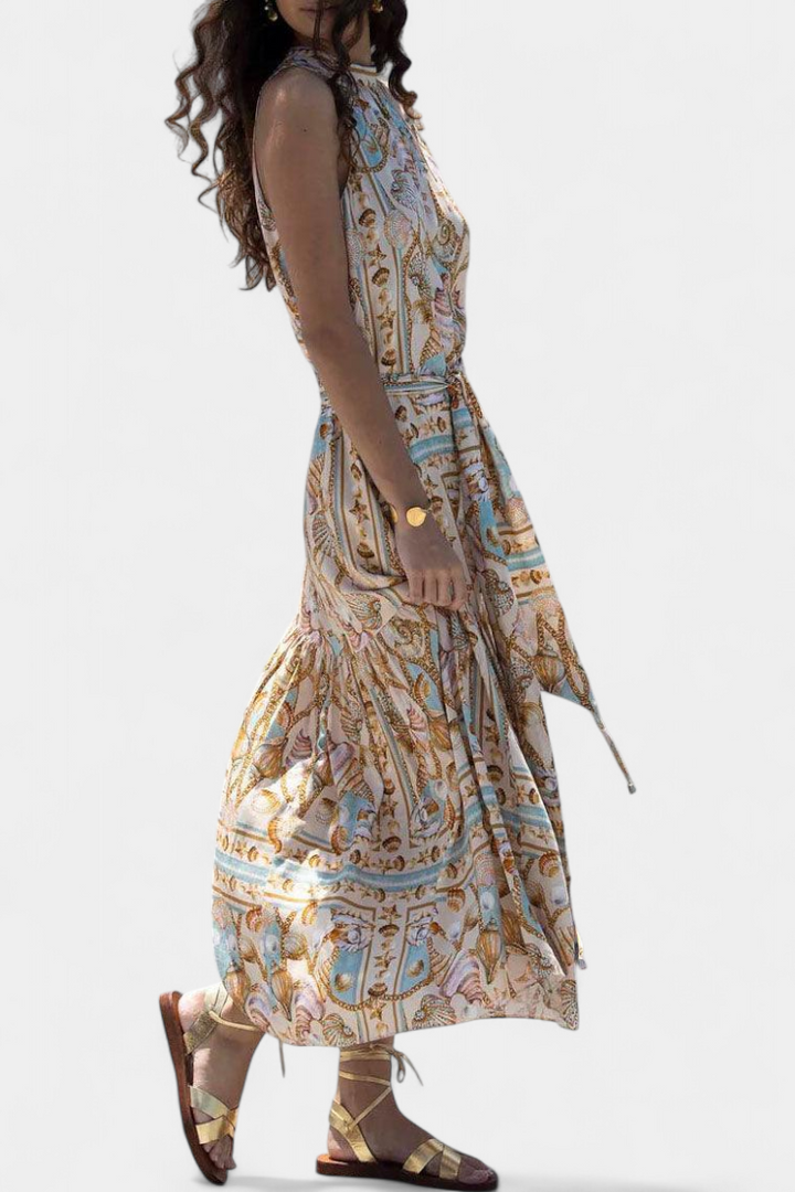 Teófila Vestido Largo Silky con Estampado de Tesoros del Océano