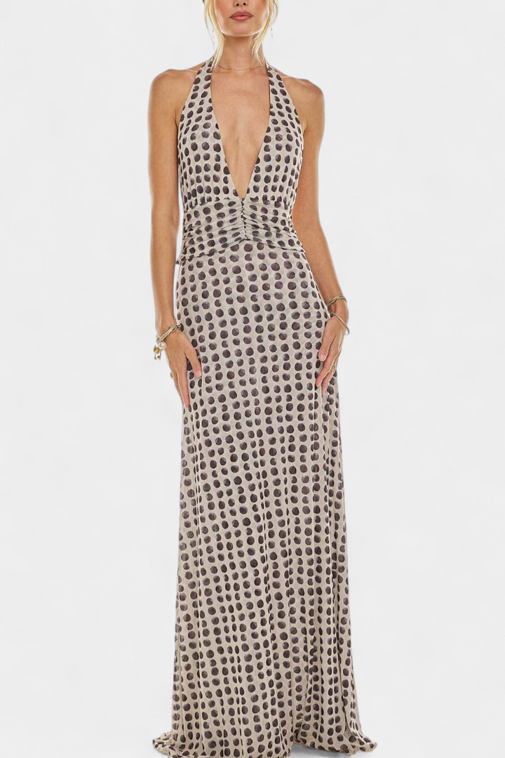 Melodía Vestido Maxi de Lunares con Escote Halter y Cintura Fruncida