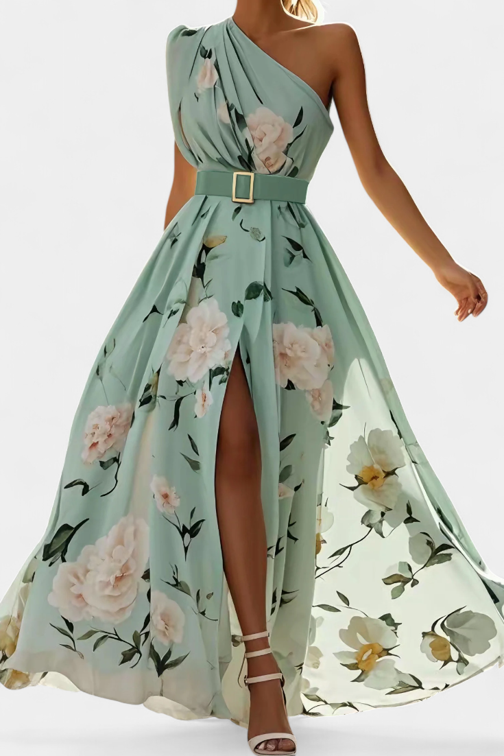 Nila Vestido Floral con Frunces y Abertura en Gasa
