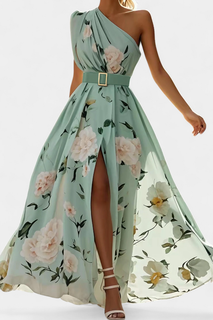 Nila Vestido Floral con Frunces y Abertura en Gasa