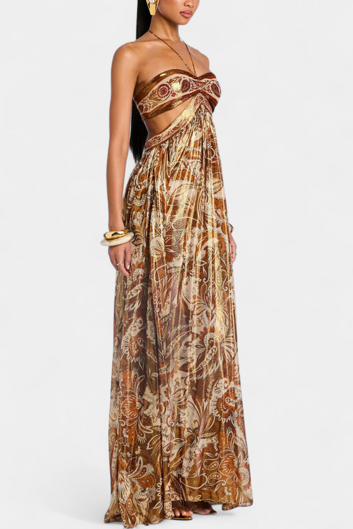 Tasha Vestido Maxi Halter con Espalda Descubierta y Detalles Huecos