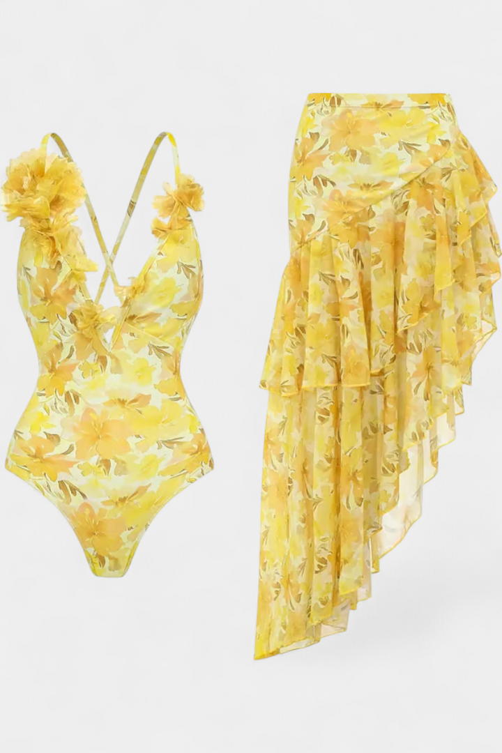 Ahria Bañador Entero Floral con Lirios Amarillos y Vestido a Juego