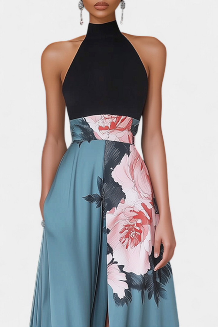 Radmila Vestido A-Line con Cuerpo Negro y Falda Floral en Contraste