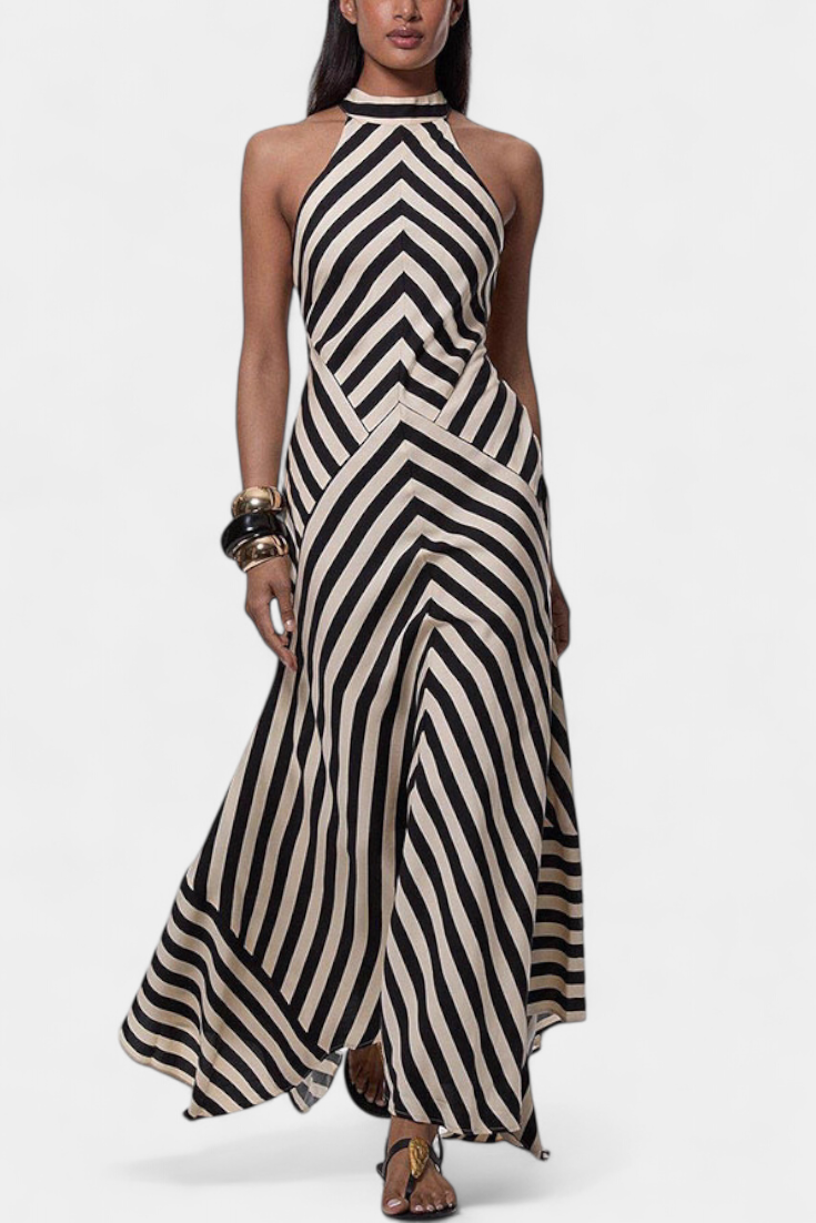 Crispina Vestido Maxi Halter con Rayas Chevron y Espalda Descubierta