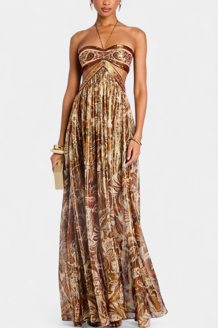 Tasha Vestido Maxi Halter con Espalda Descubierta y Detalles Huecos