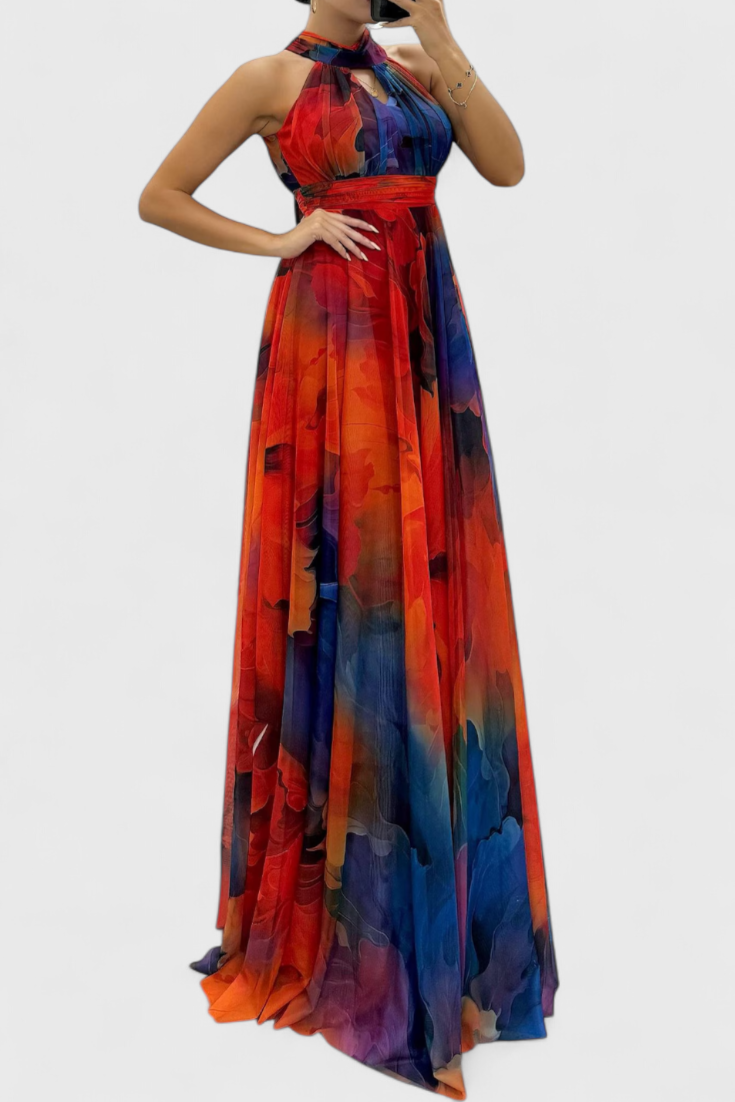 Caprice Vestido Maxi de Gasa con Estampado Floral y Cuello Halter