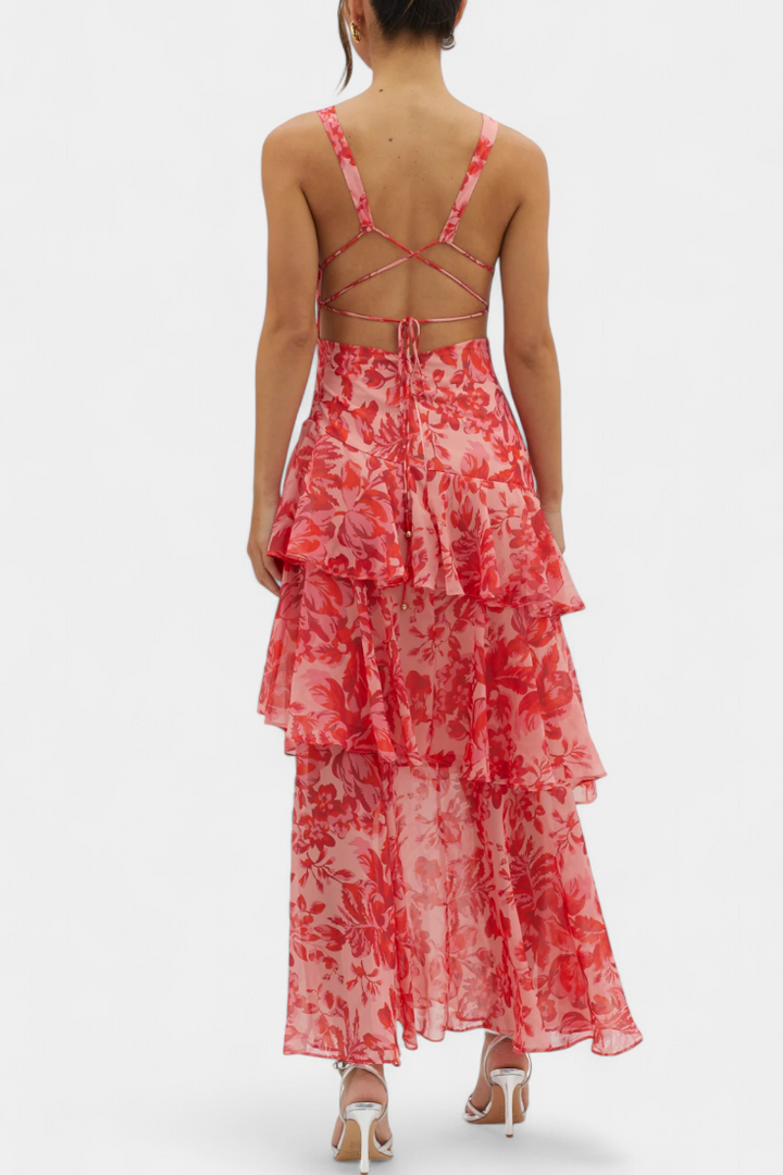 Domenica Vestido de Gasa con Escote en V y Capas Fluidas