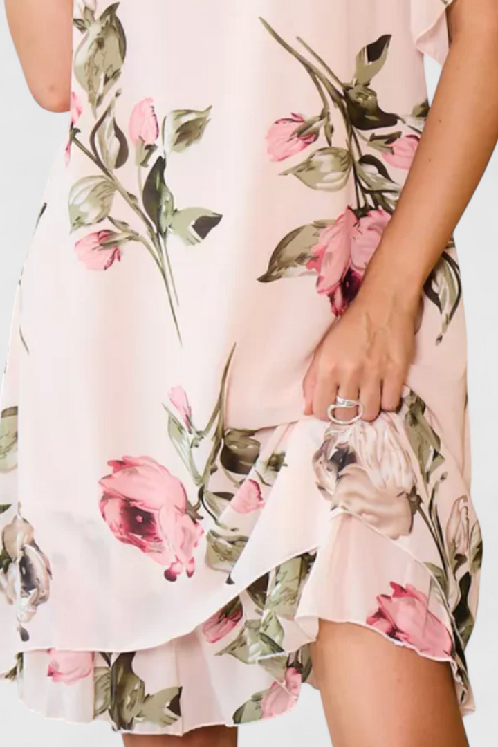 Tameka Vestido de Gasa Fluida con Pétalos y Mangas Transparentes