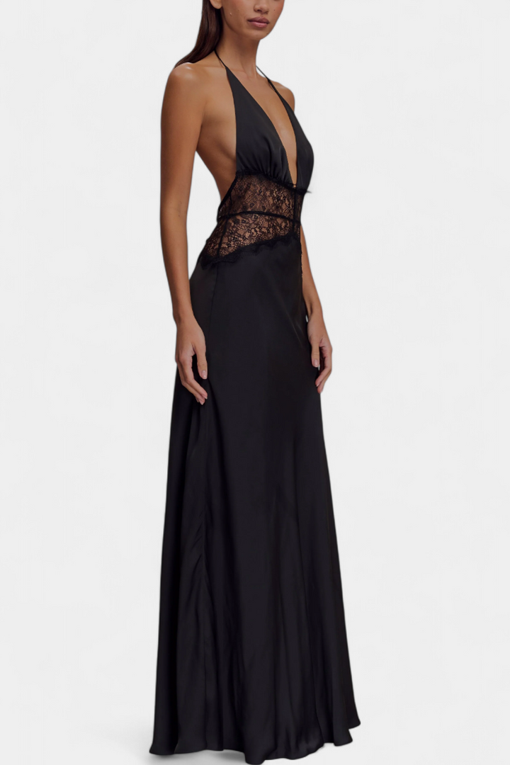 Ashanty Vestido Largo con Escote Halter y Cintura de Encaje Transparente
