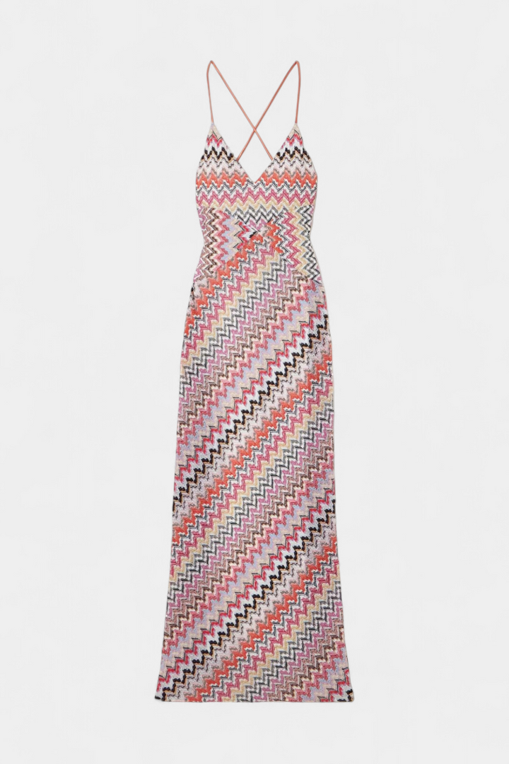 Francia Vestido Largo de Punto Multicolor con Escote Profundo y Espalda Cruzada