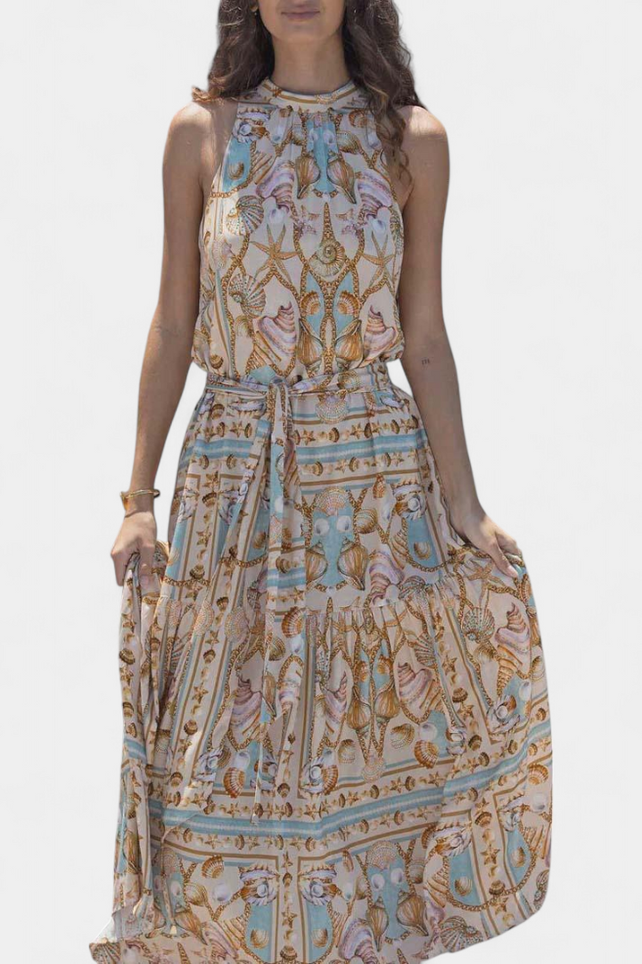 Teófila Vestido Largo Silky con Estampado de Tesoros del Océano
