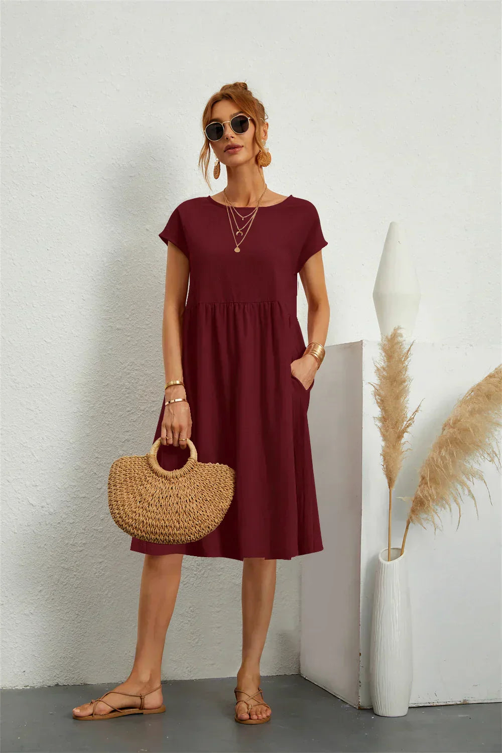 Ondine | Vestido Midi de Manga Corta con Bolsillos para Mujeres