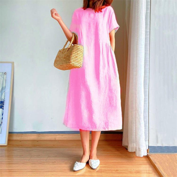 Elris | Vestido Midi de Manga Corta de Lino para Mujeres