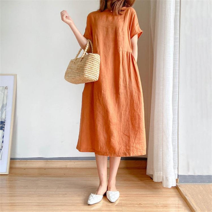 Elris | Vestido Midi de Manga Corta de Lino para Mujeres