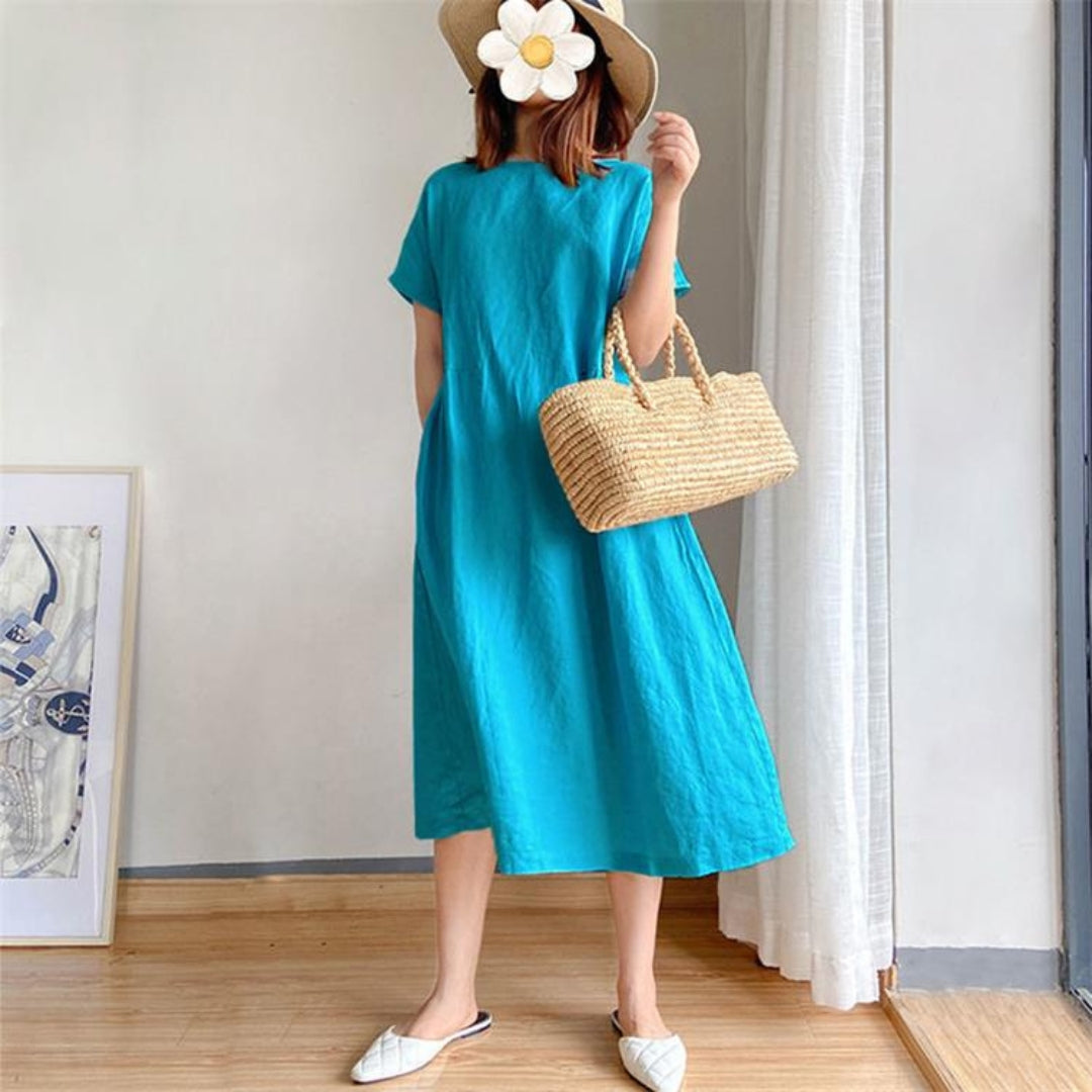 Elris | Vestido Midi de Manga Corta de Lino para Mujeres