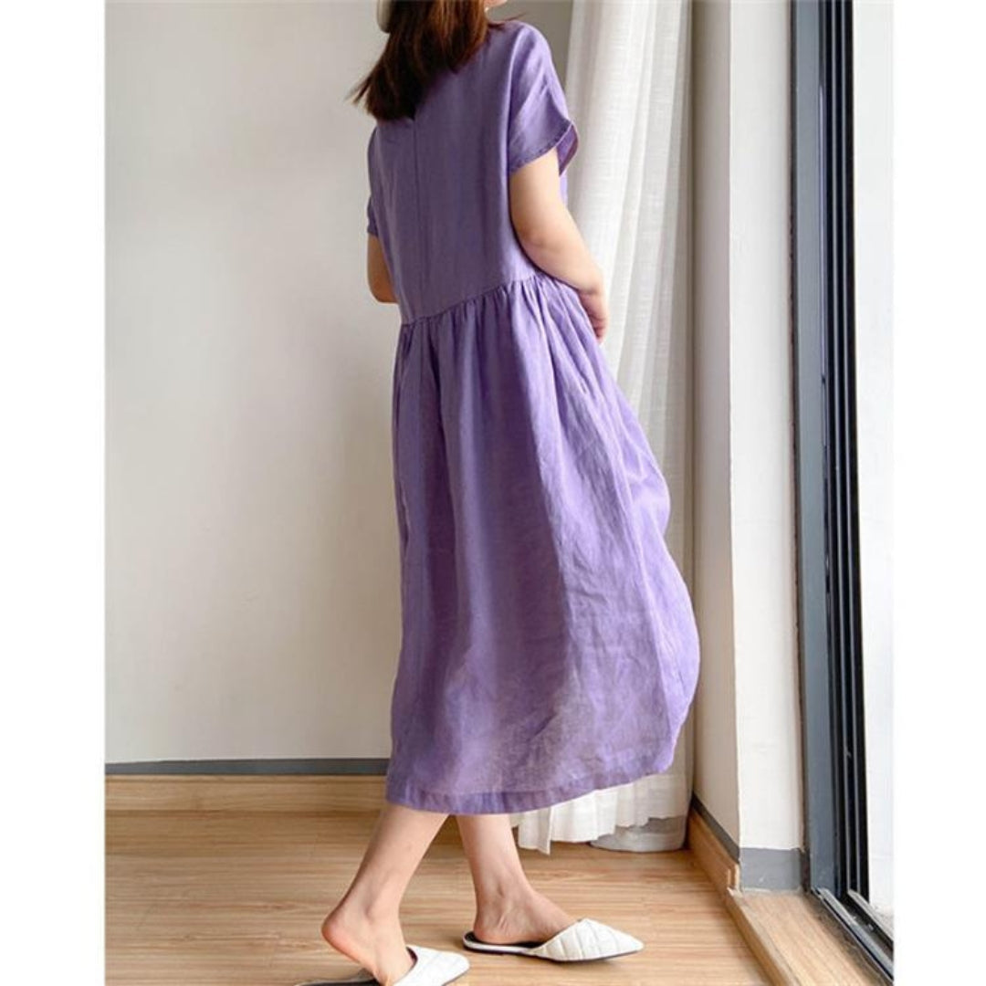 Elris | Vestido Midi de Manga Corta de Lino para Mujeres